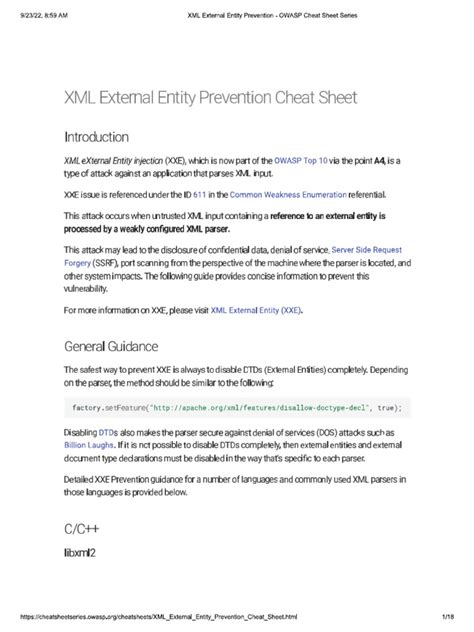 XML External Entity Prevention Cheat Sheet .